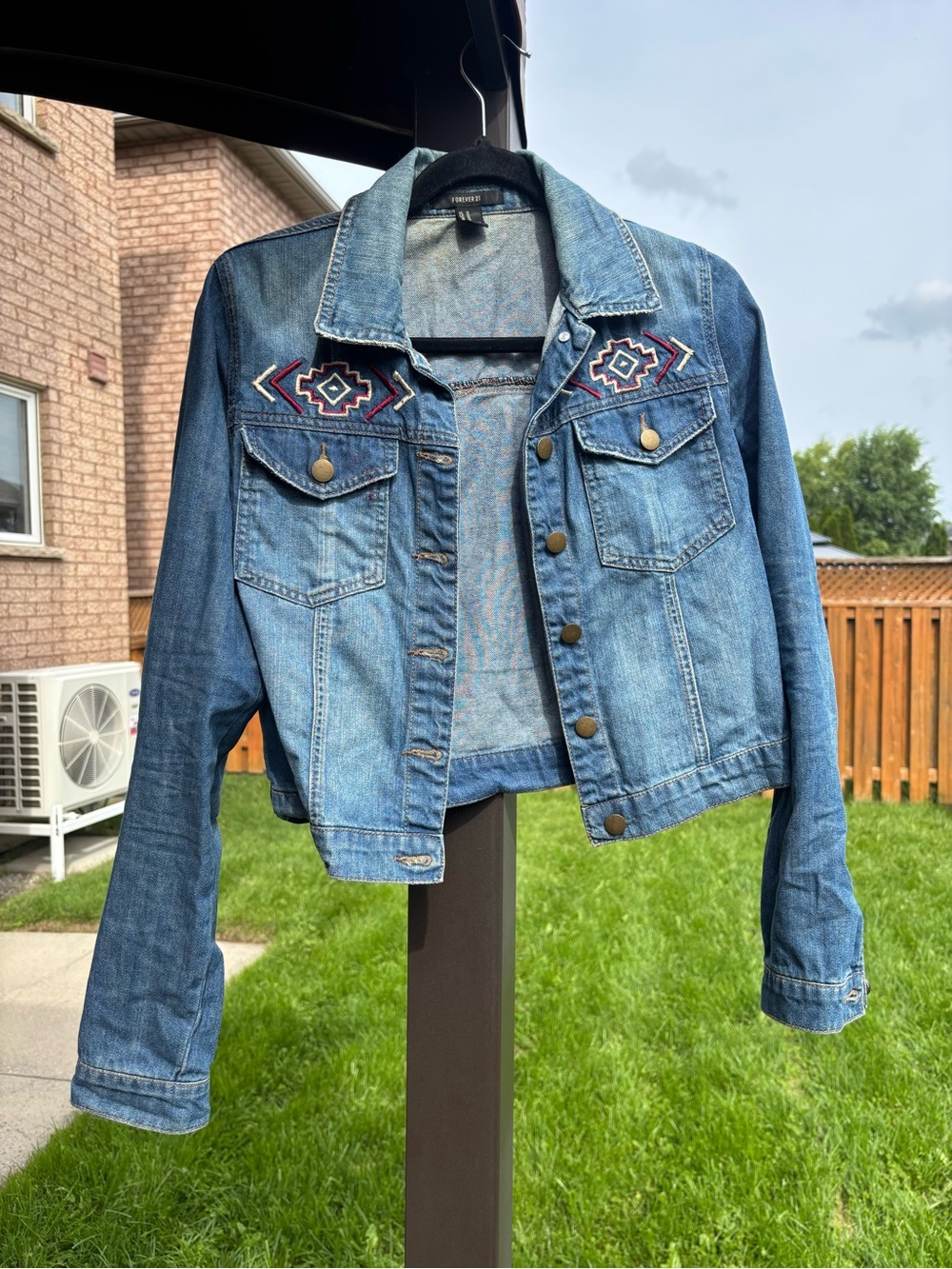Forever 21 Light Blue Denim Jacket with Aztec Embroidery